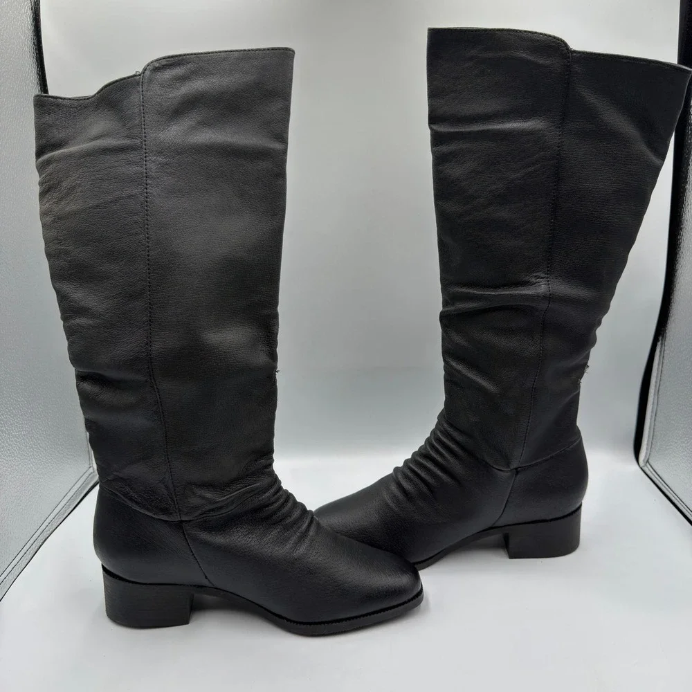 Basic Editions Womens Black Leather Slouchy Tall Boots Size 6 69910 Block Heel